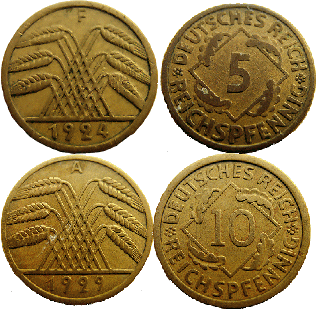 5 bzw. 10 Reichspfennig von 1924 und 1929